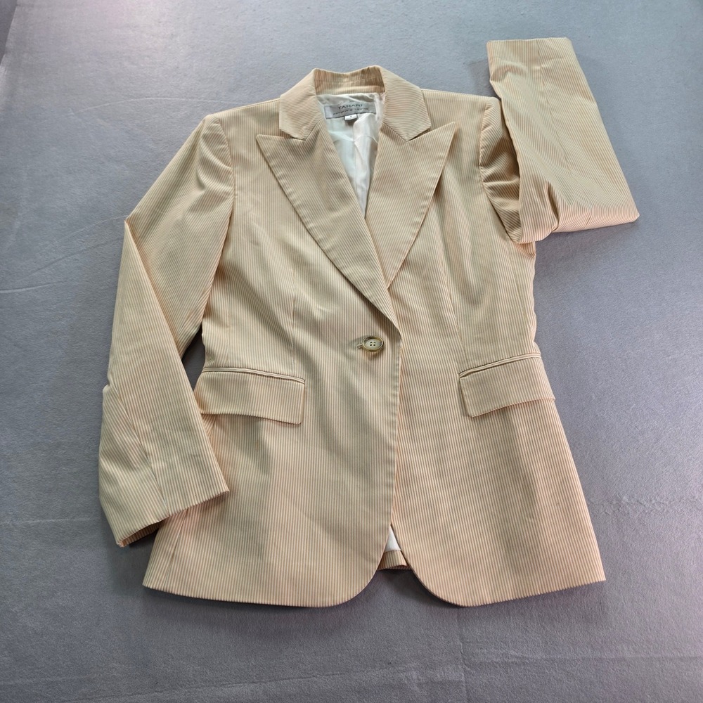 Tahari Arthur S Levine Tan White Striped Blazer Jacket Size 4 Peaked Lapel